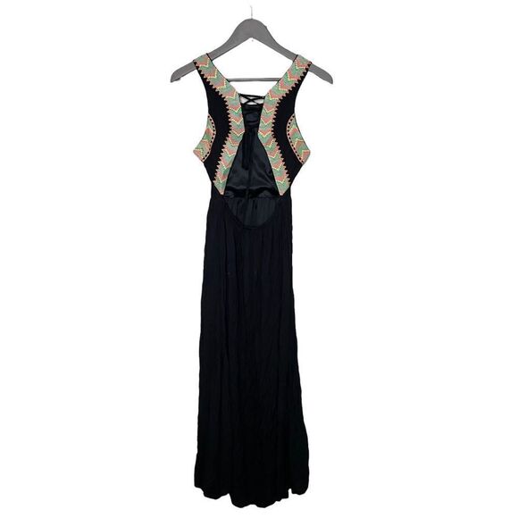 Lulumari Black Maxi Dress with open lace up back with multicolor boho print - Picture 2 of 6